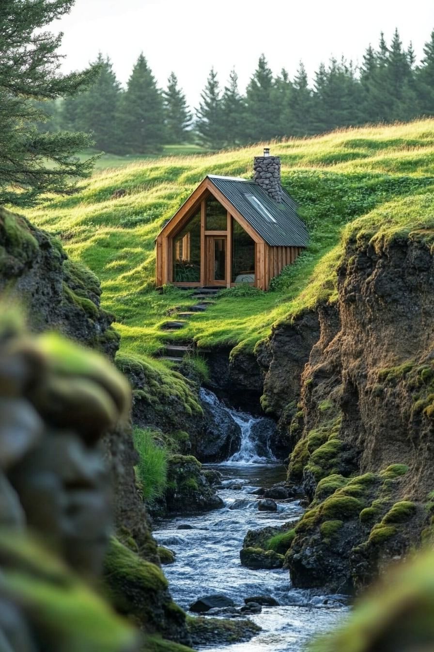 A small wooden cabin nestled by a bubbling stream in a lush landscape