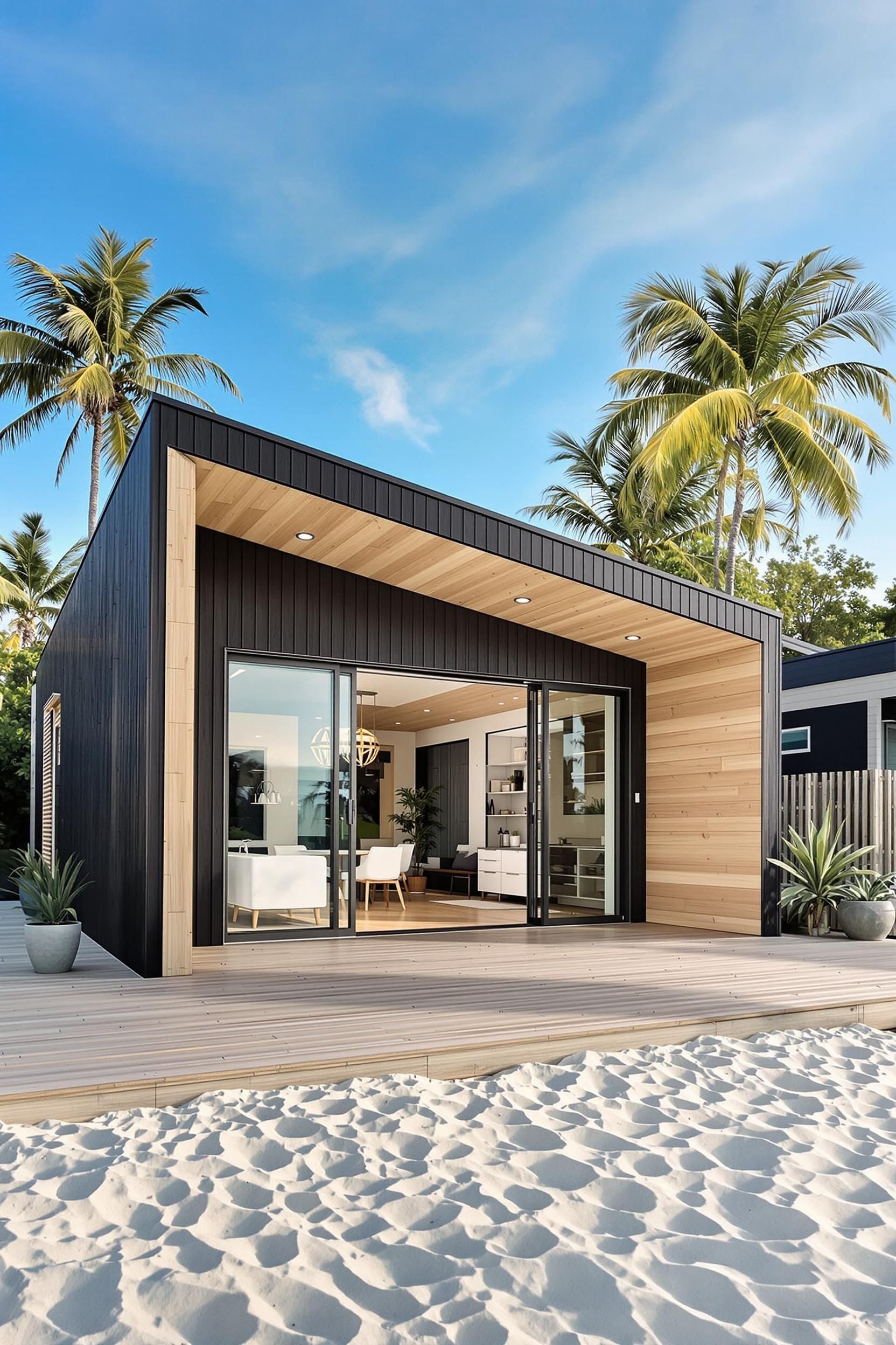 Modern beach house with black cladding near palm trees