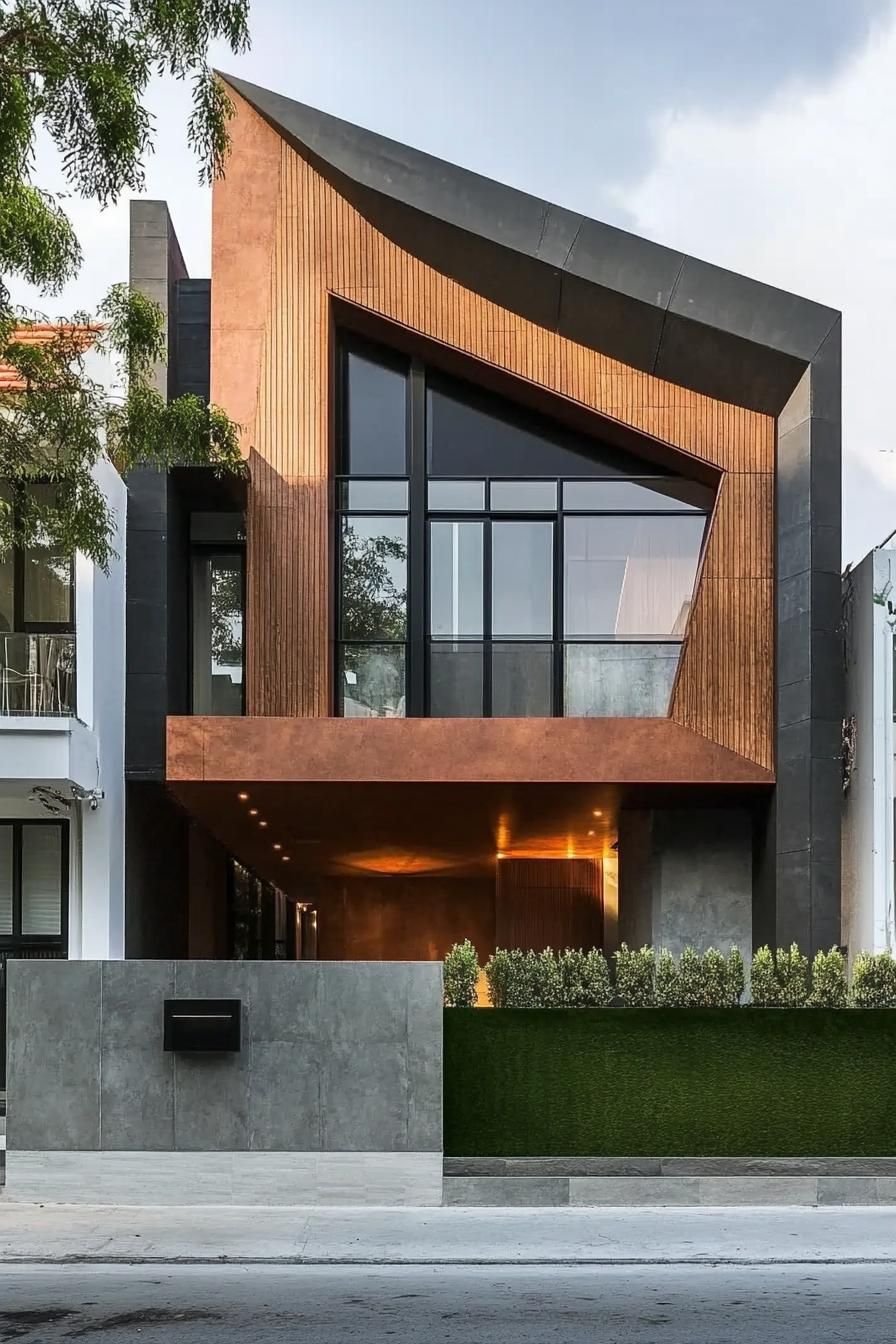 geometric modern house facade architecture with mixed materials and shapes