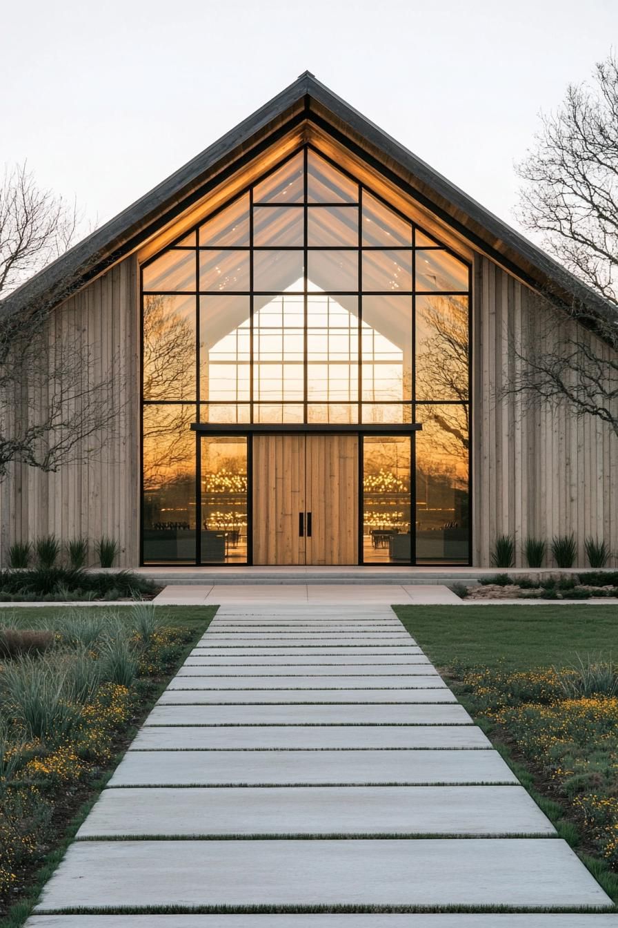 Glass-fronted barndominium with warm lighting