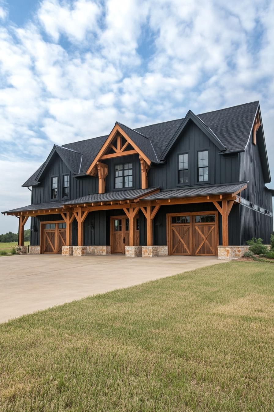 large dark grey shouse barndominium large porch with natural wood beams garage doors in natural cedar modern windows wide driveway landscape with 1