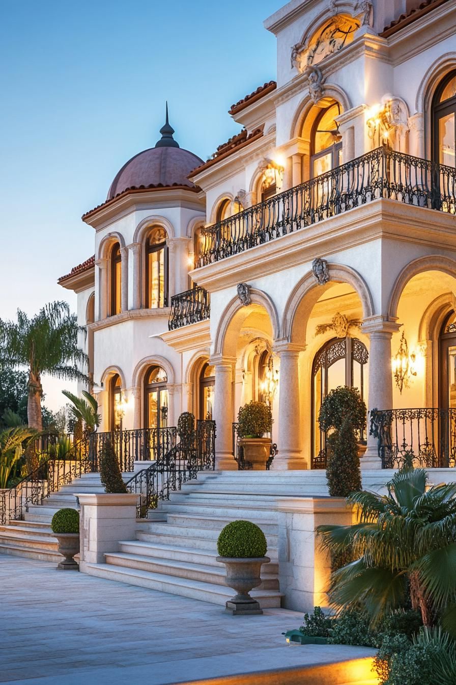 Majestic mansion facade with grand arches and intricate details