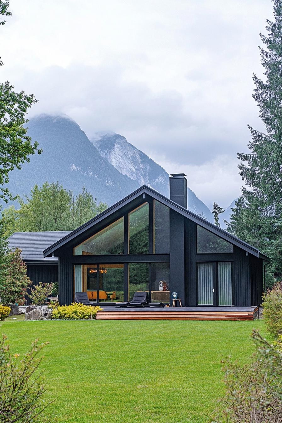 Sleek black Scandinavian house with a mountain backdrop