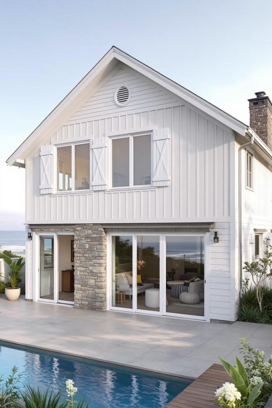 White house with stone accents and poolside view