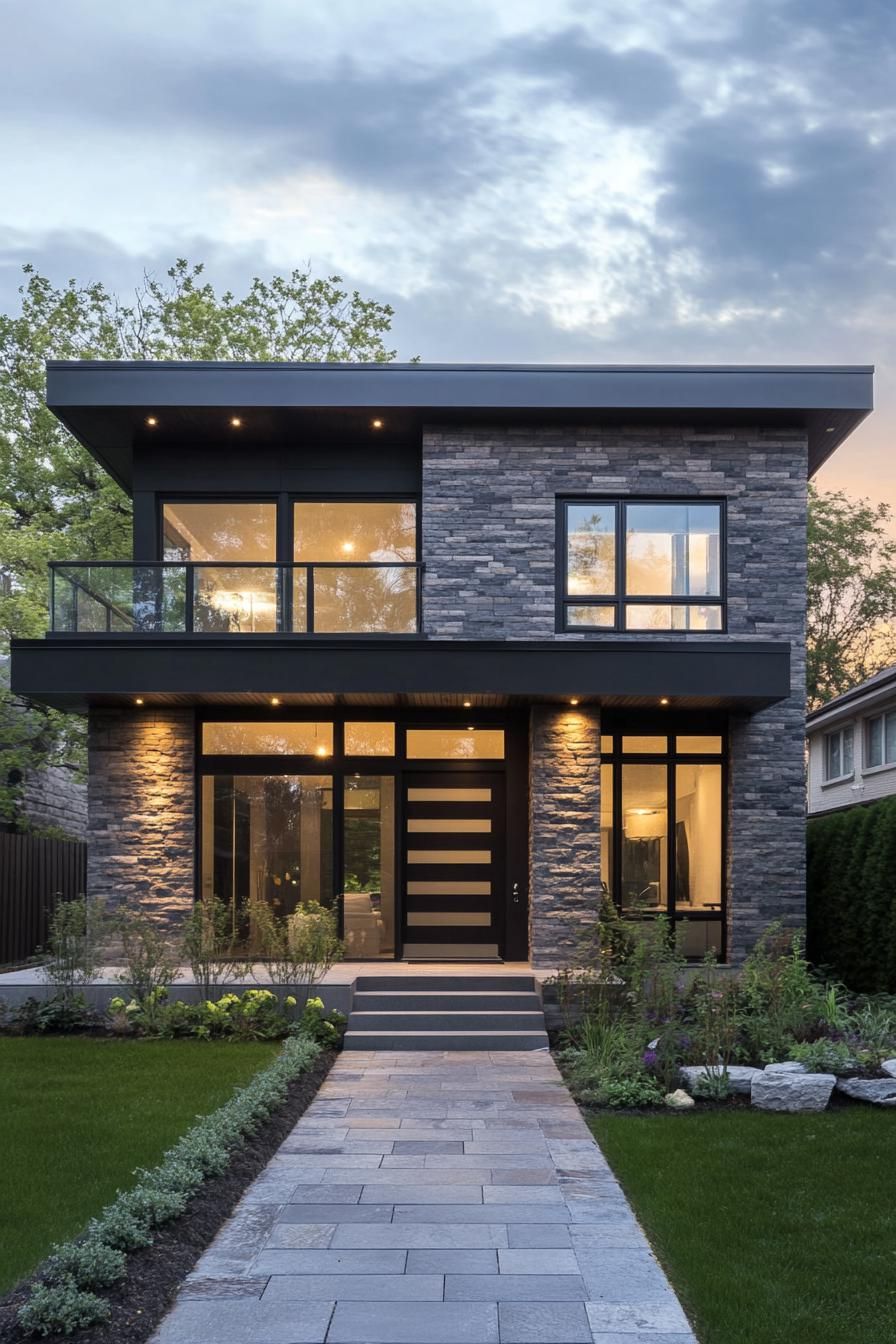 Modern two-story house with stone and glass facade