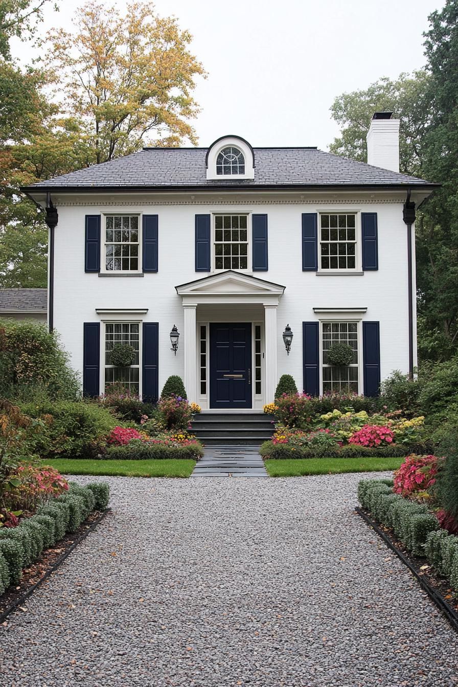 Elegant Georgian house with blue shutters and lush garden