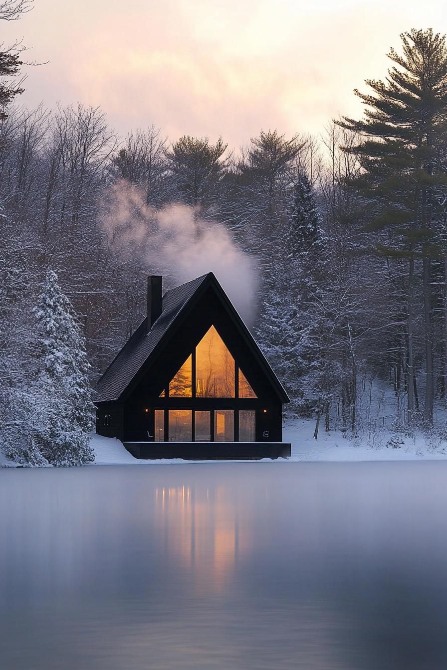 modern black a frame cabin in winter sunset mist above the lake with a golden glow from the sunset surrounding trees covered in white snow