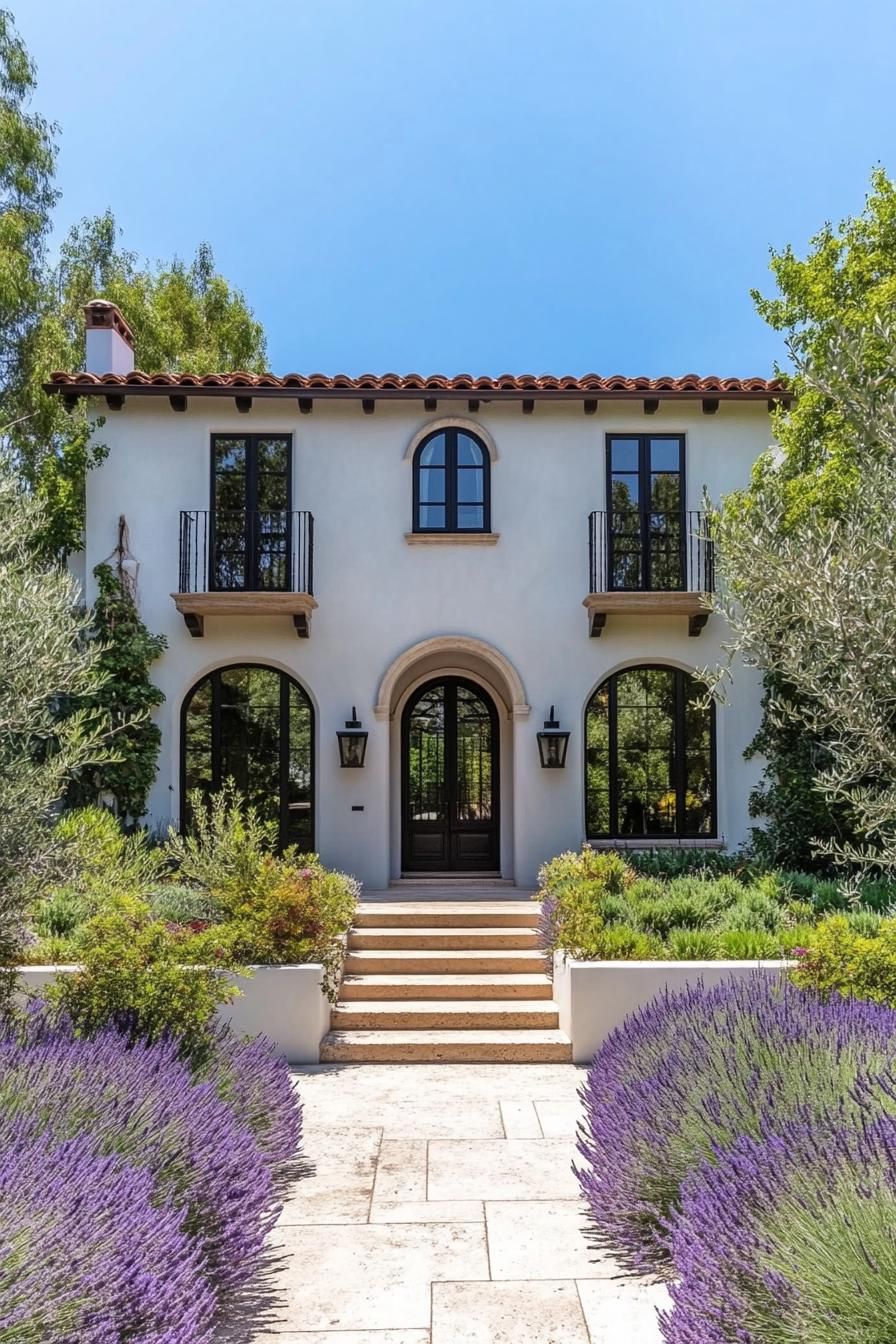 Front garden leading to a Mediterranean-style house with arched windows