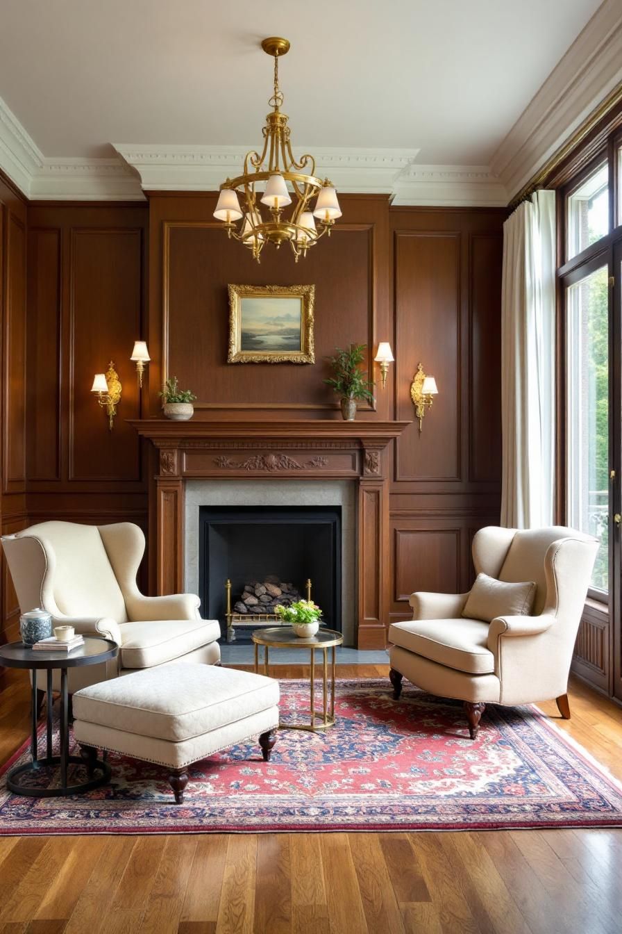 Cozy seating around a fireplace with wood paneling and chandelier