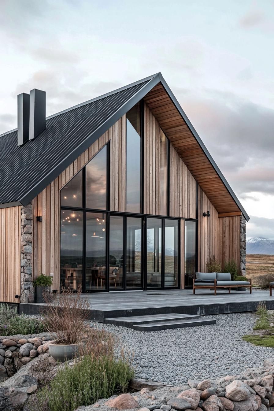 A modern wooden A-frame house with large windows