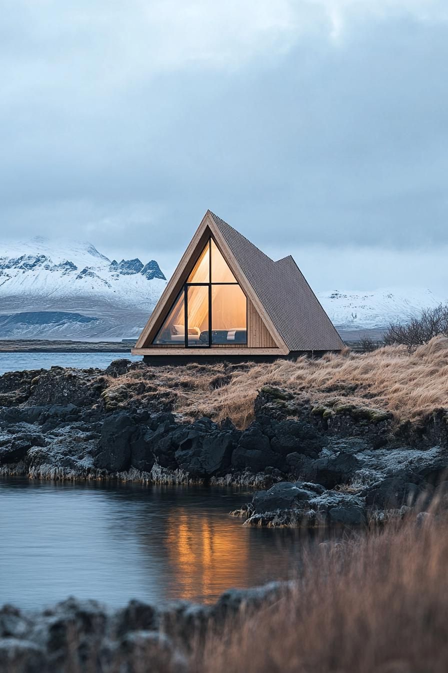 a frame house facade with light oak cladding stunning Icelandic landscape 2