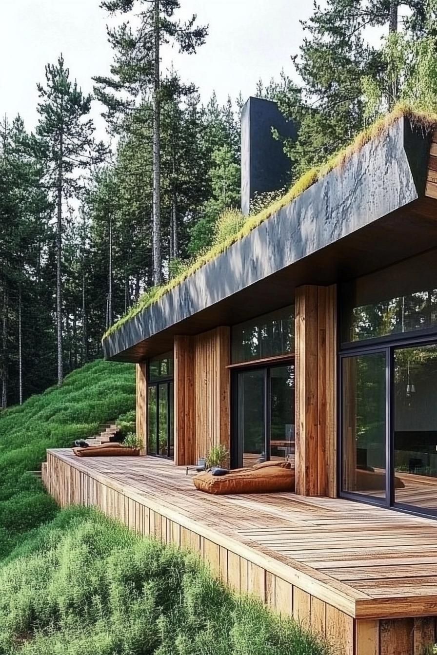 earth sheltered house built into a green hillside bank with large wooden deck large modern windows reclaimed wood siding tall pine trees in the 5