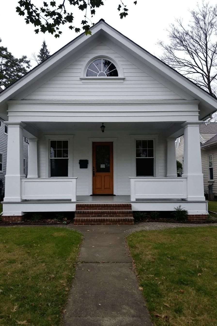 Cozy white bungalow with a welcoming porch