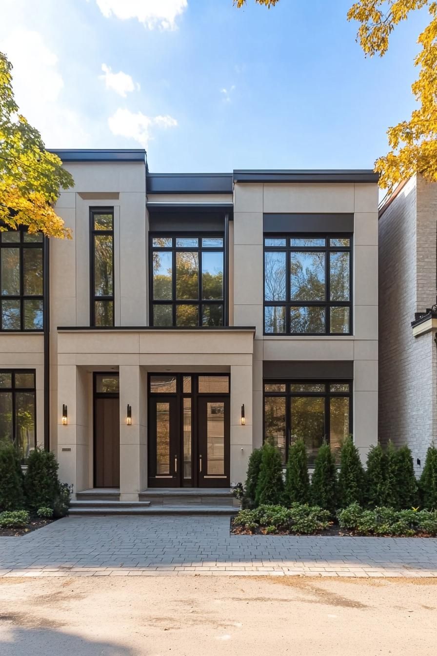 Modern townhouse facade with large windows and greenery