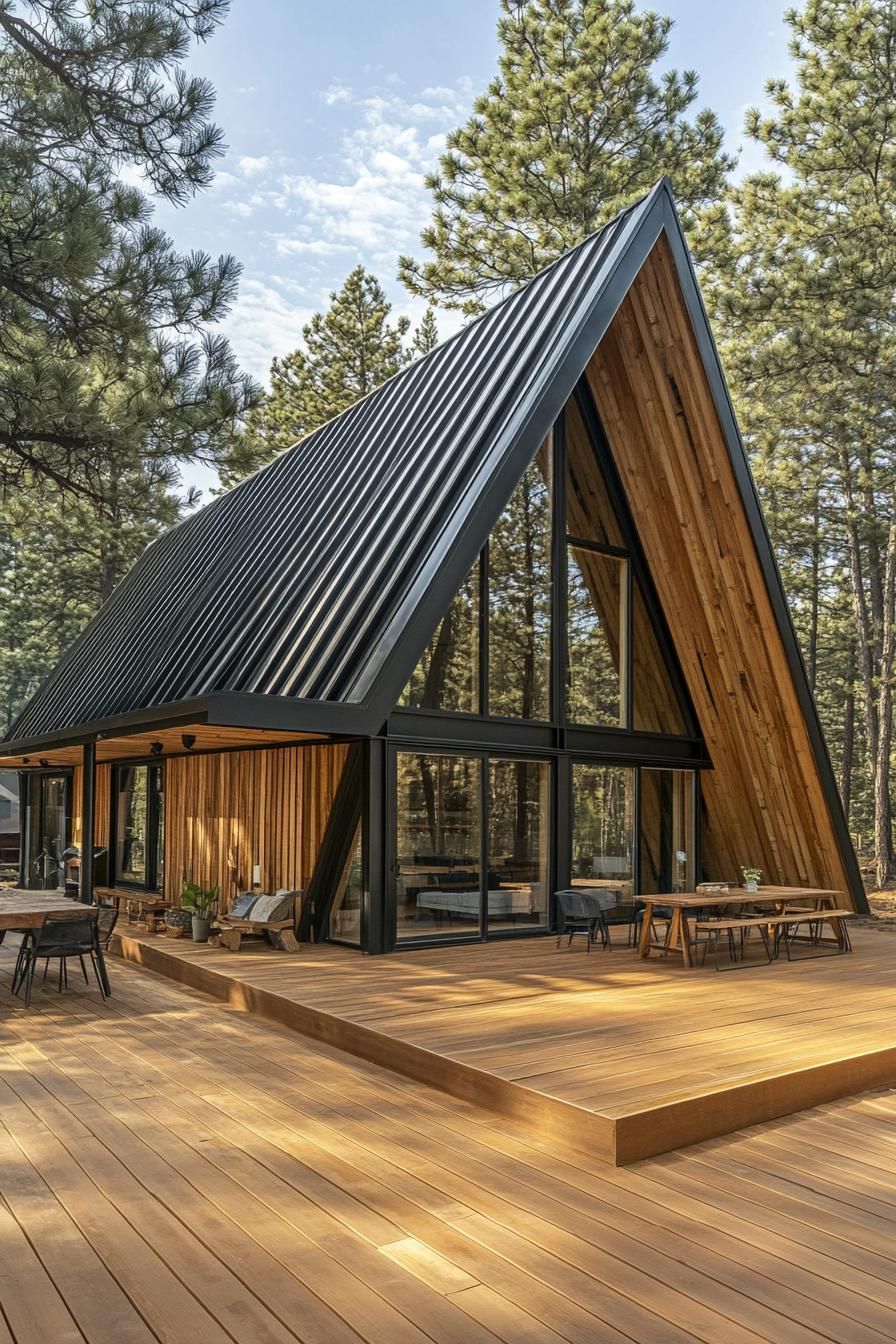 modern a frame cabin on a large wooden deck black metal roof reclaimed wood siding eave and porch cover tall pines in the background