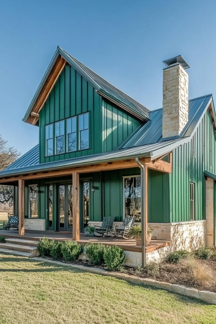 Green metal house with a stone chimney and porch