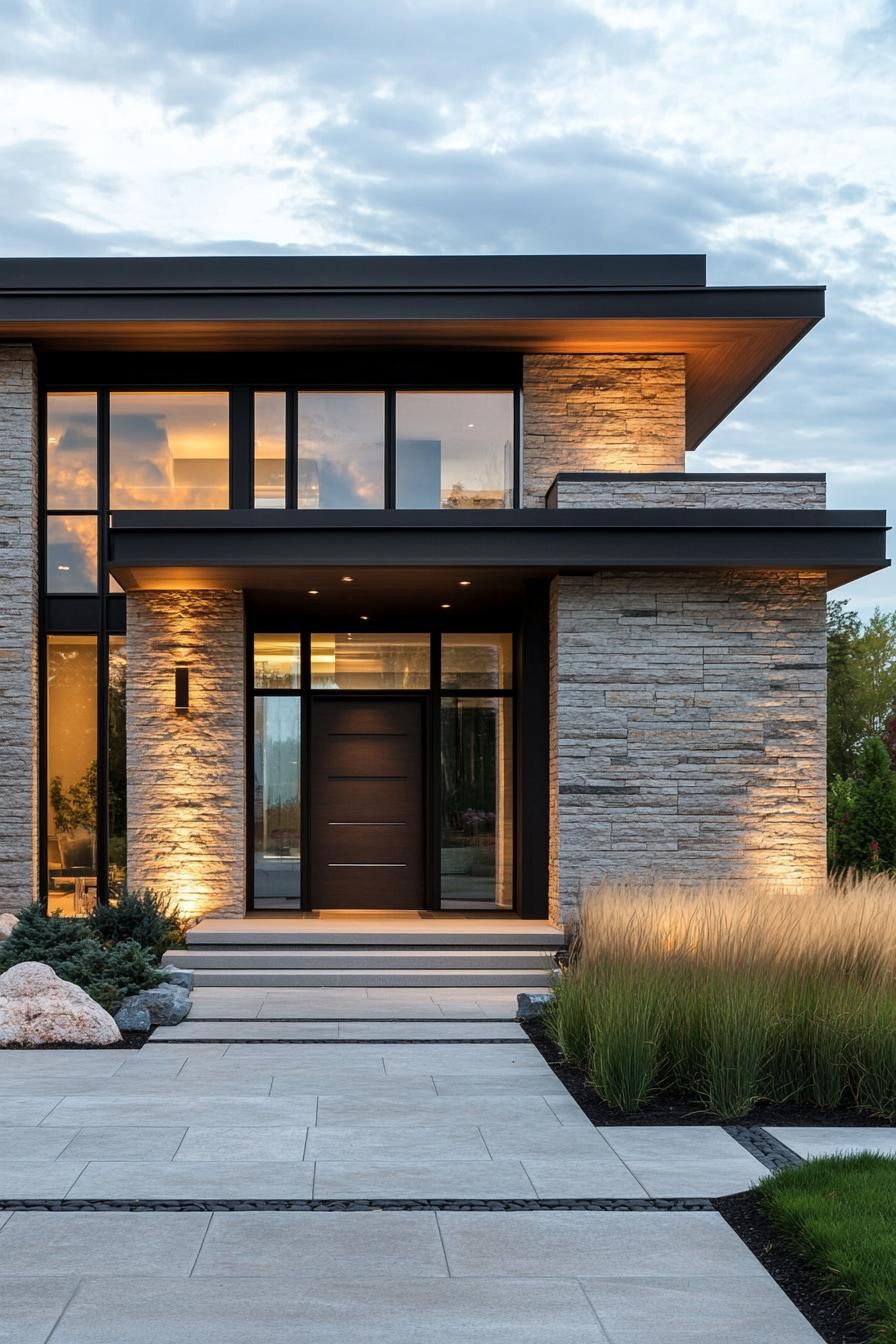 Modern house with warm lighting and stone exterior under a cloudy sky