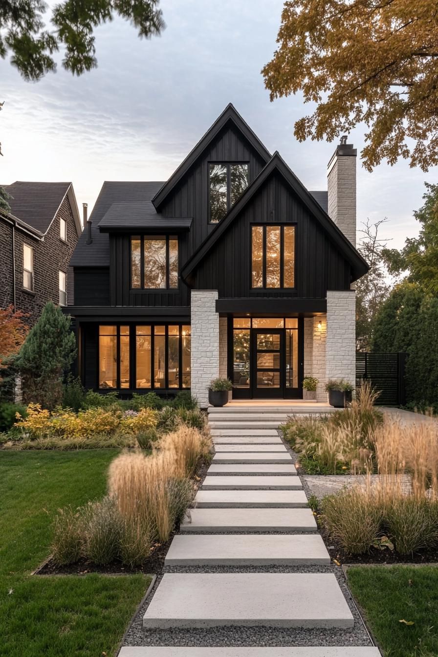 contemporary house cottage exterior with multi pitch roof distinct sections in different siding black vertical slats reclaimed wood horizontal