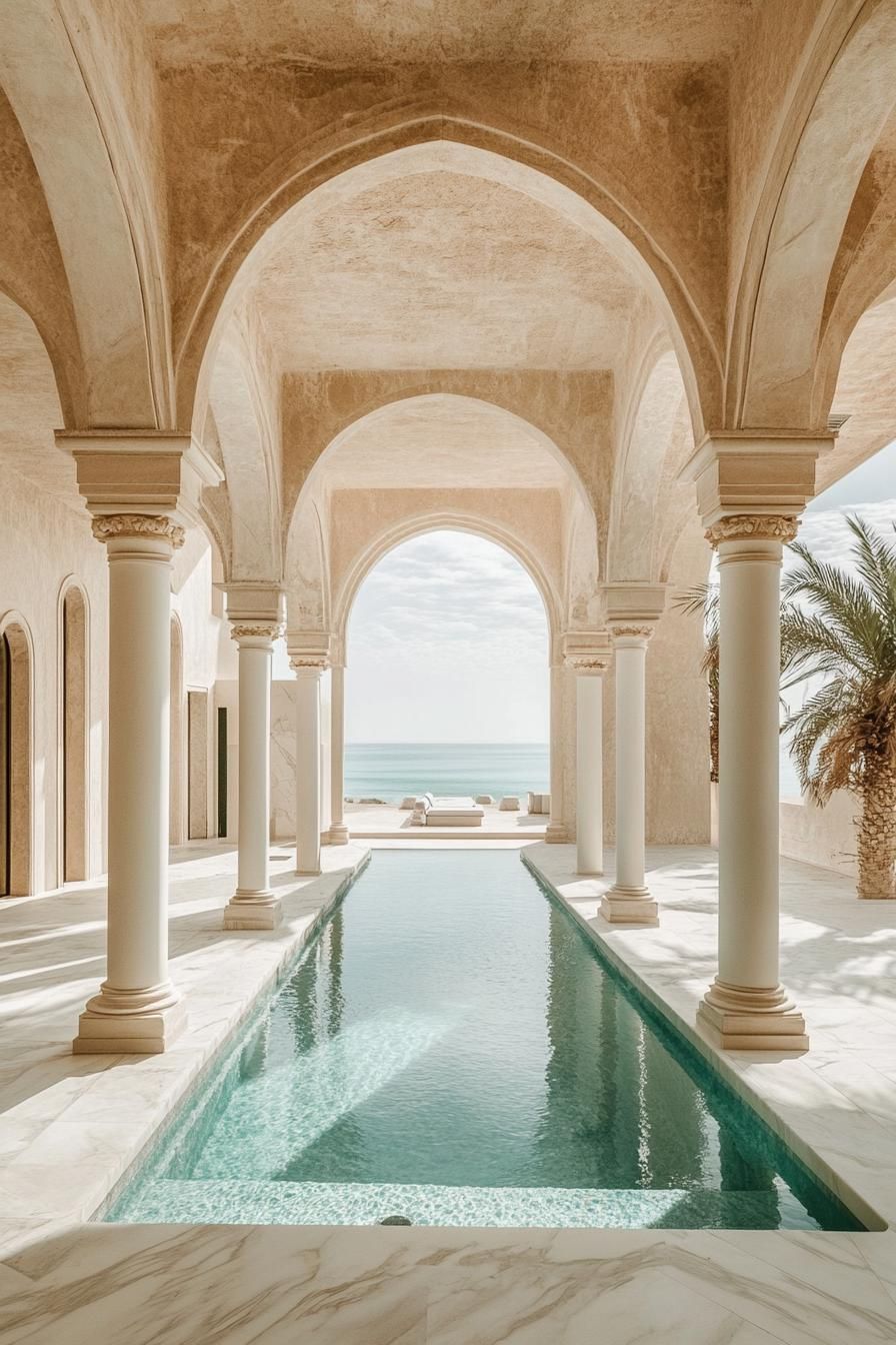 white marble oasis in a desert with tall arches and columns pool in the middle stunning desert and sea views