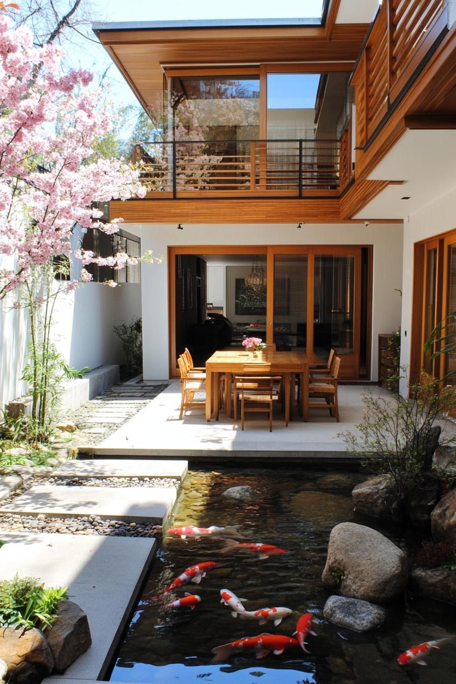 Japanese-inspired courtyard with koi pond and cherry blossom tree