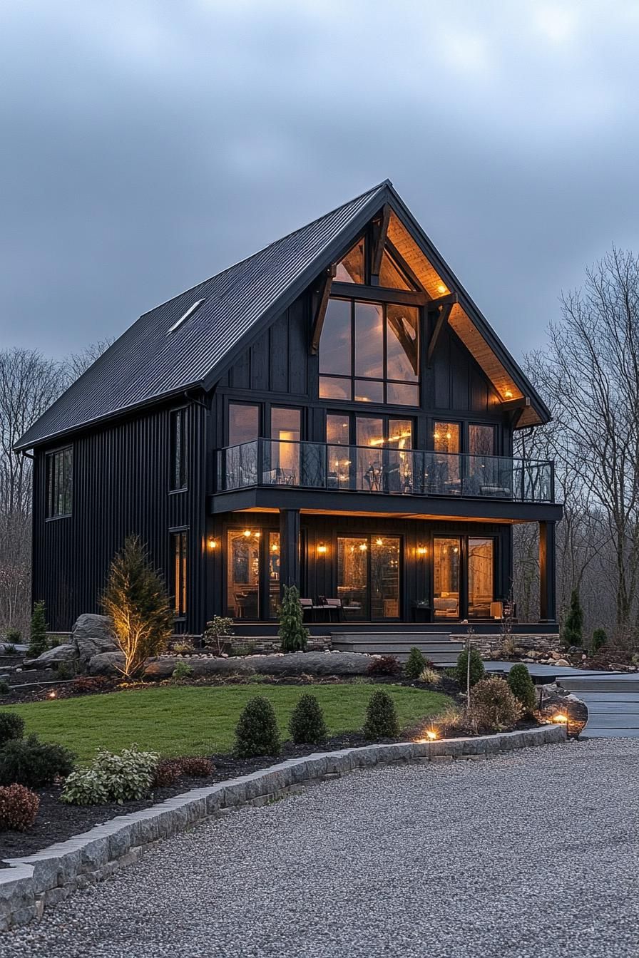 Modern barn house with large glass windows and warm interior lighting