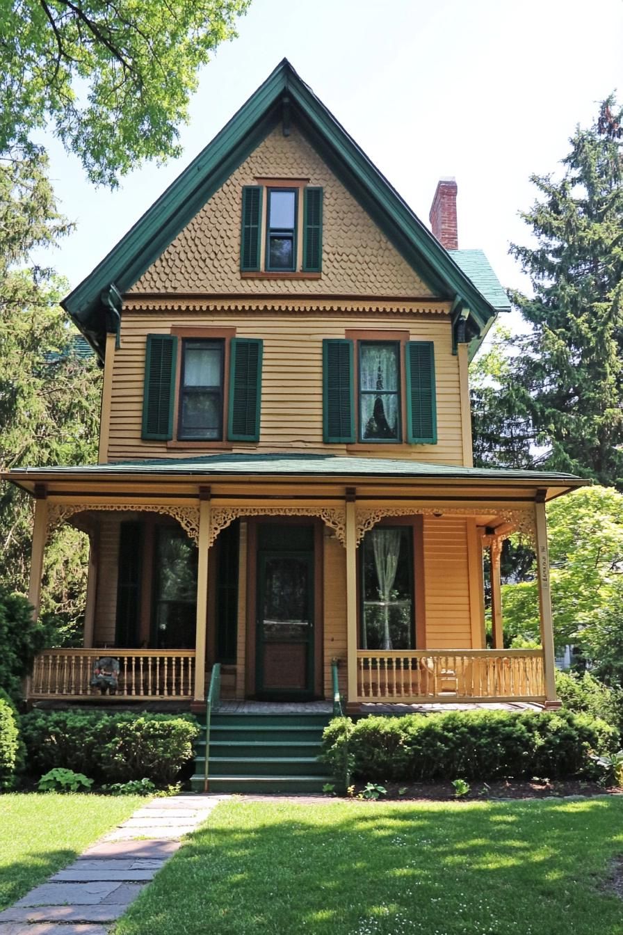 Vintage wooden house with decorative trims and green shutters