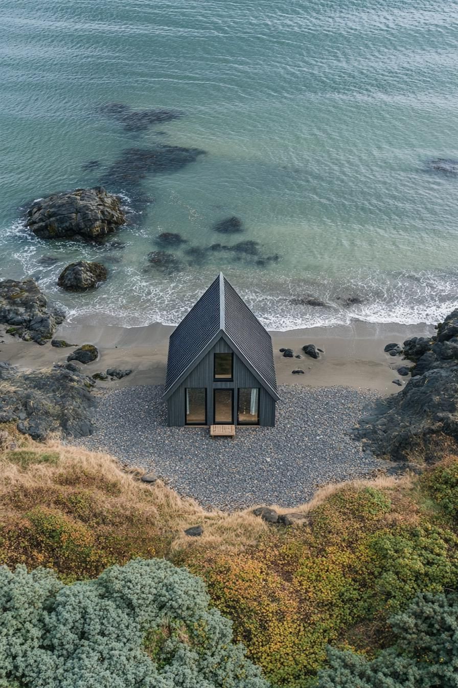 A modern A-frame cabin on a secluded pebble beach