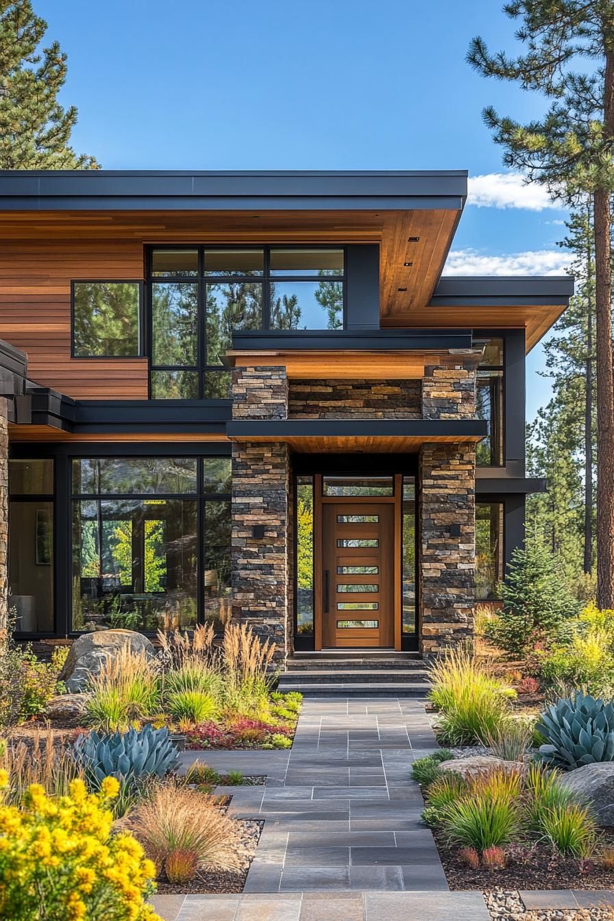 Modern house framed by lush greenery and a bright, clear sky