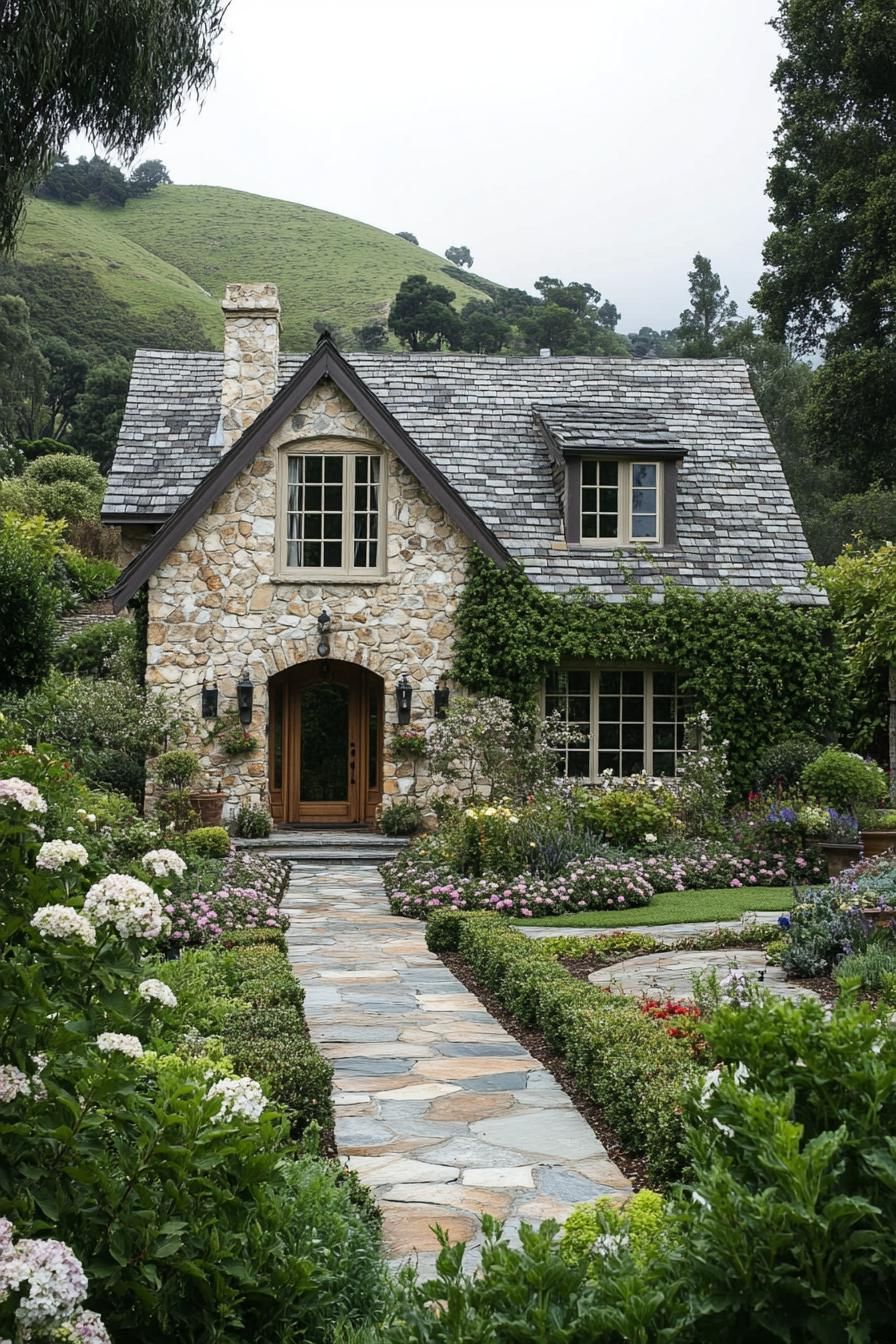 Charming stone cottage with lush garden and hills