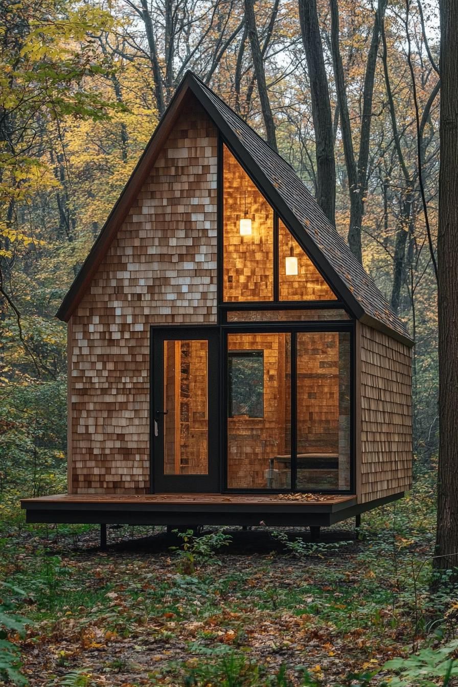 Tiny A-frame cabin nestled in a forest