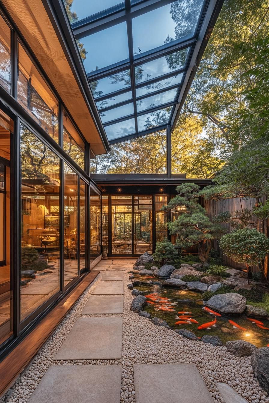 Courtyard with koi pond and glass roof