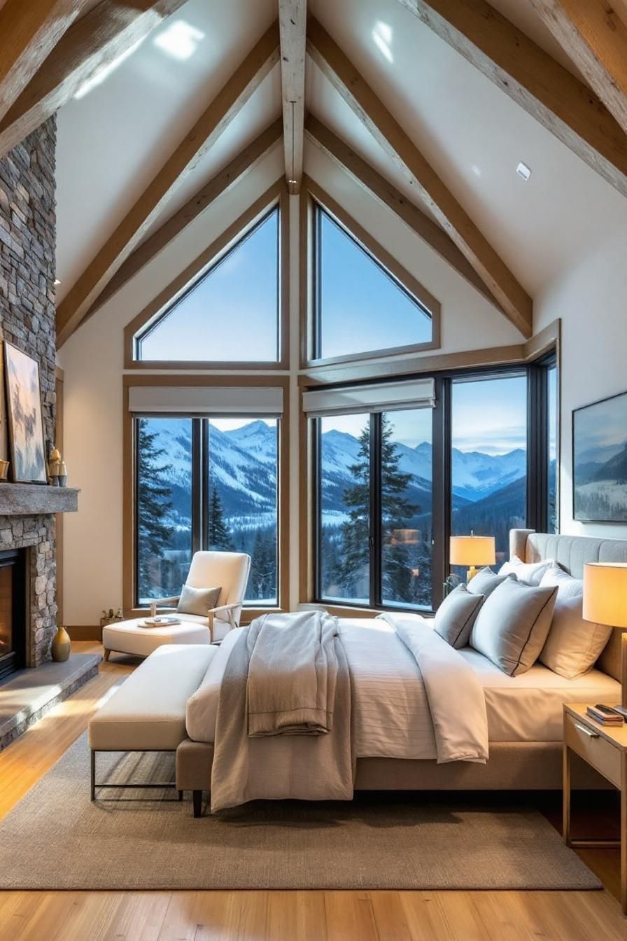 Modern cabin bedroom with mountain views and stone fireplace