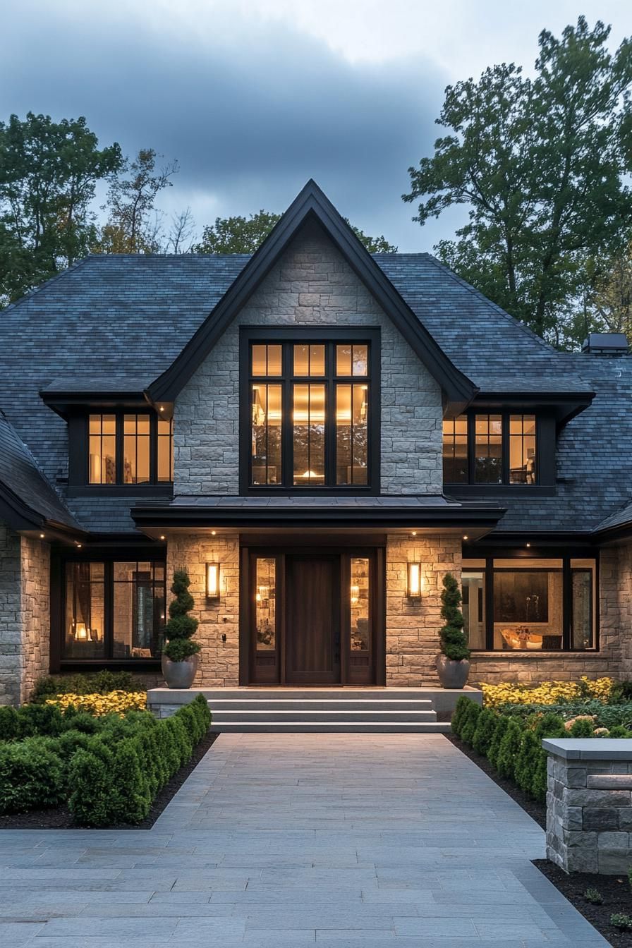 Elegant stone house with glowing windows and greenery