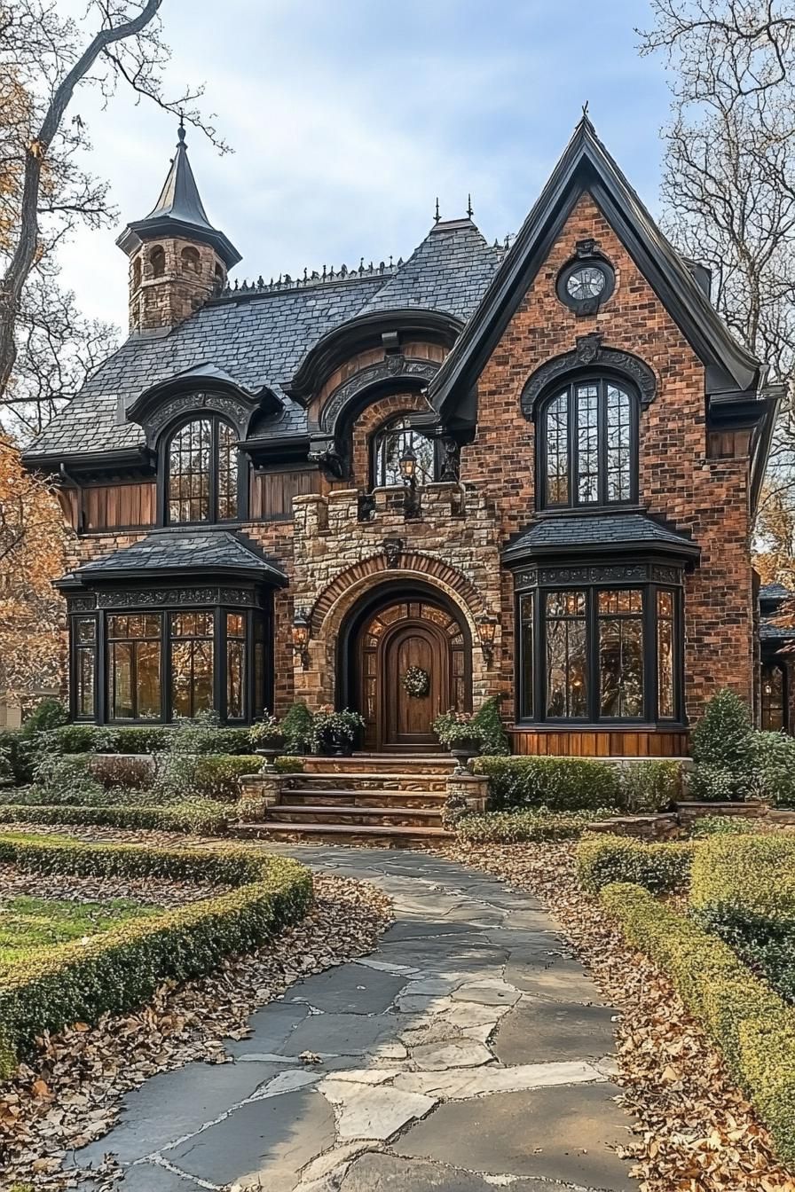 Brick house with arched windows and stone pathway