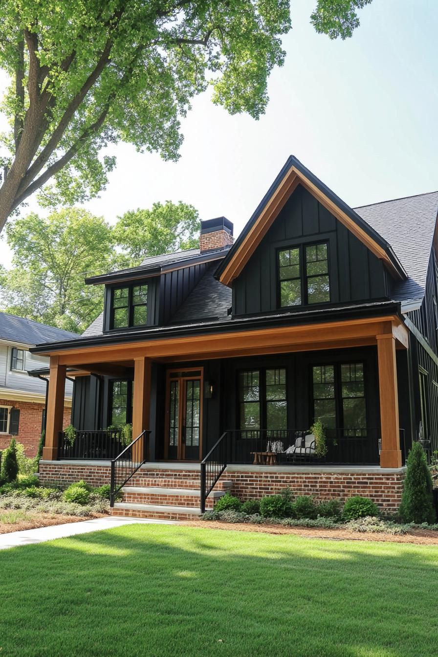 modern cottage with blakc horizontal siding natural wood details and exposed beams porch with brick foundation and black railings gabled multi 1