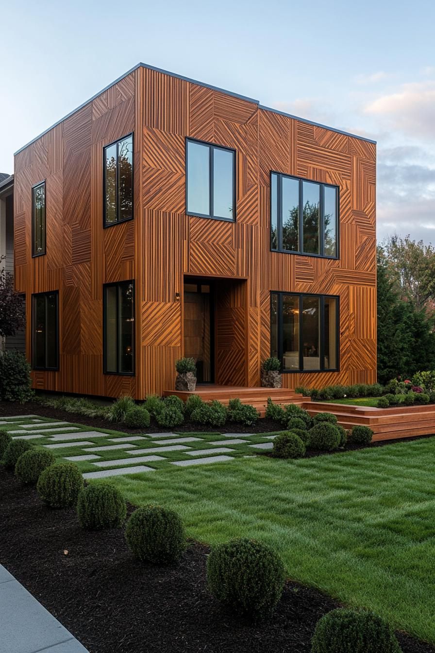 contemporary house geometric facade in all wood siding with pattern slatting large windows landscaping with geometric shrubs and lawn no roof