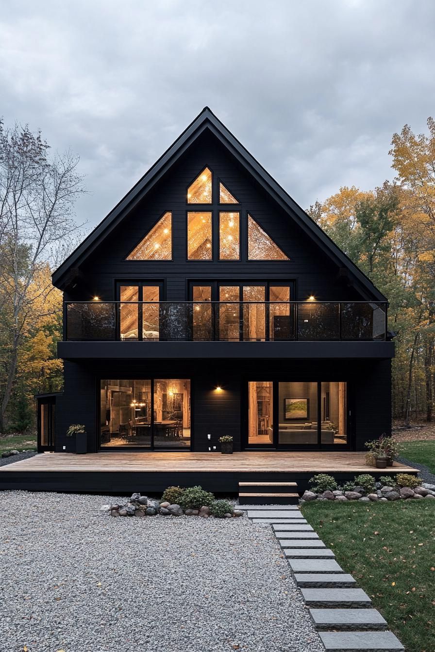 Modern barn house with large windows and a black facade