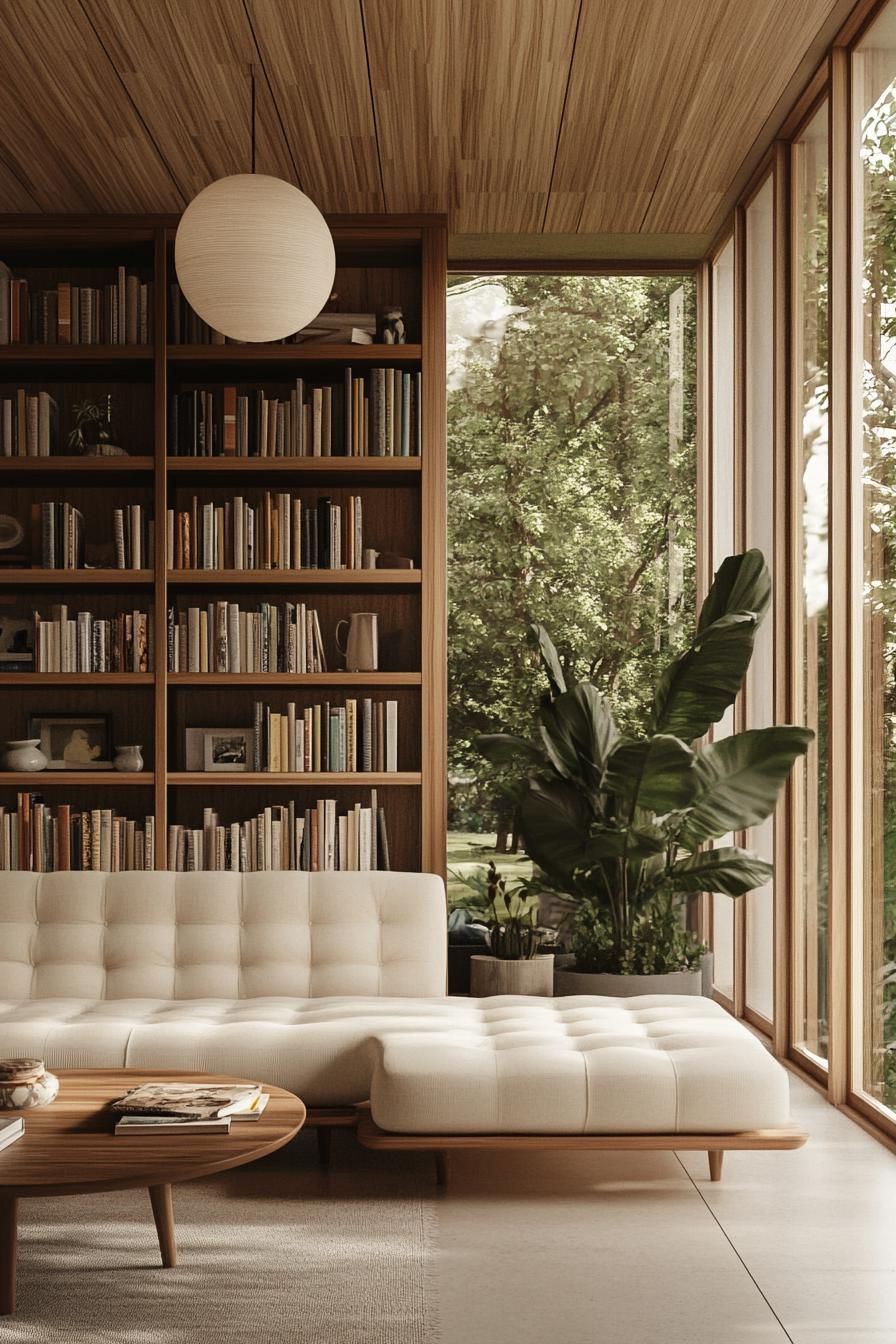 Mid-century living room with books, sofa, and plants