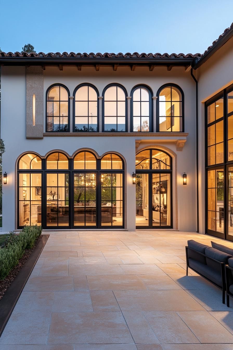 Contemporary Spanish villa with arched windows and open patio