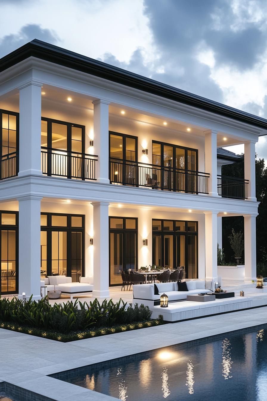 frontal view of a modern white villa house with large second floor terraces and glass railings large black trim windows large eaves with LED lights 3