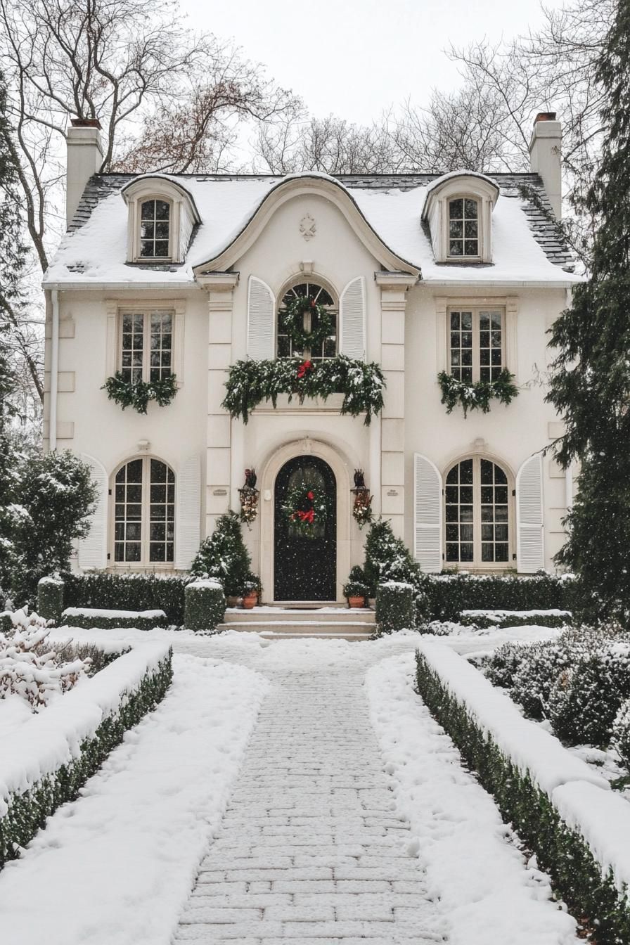 front view of a French style cottage with arched dormers white siding windows with shutters square arch entrance decorated with winter greenery 1