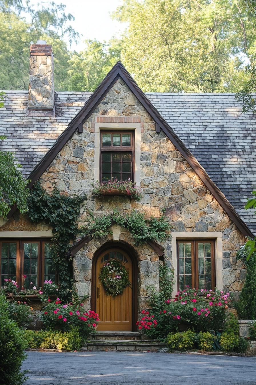 Charming Stone Cottage Adorned with Flowers