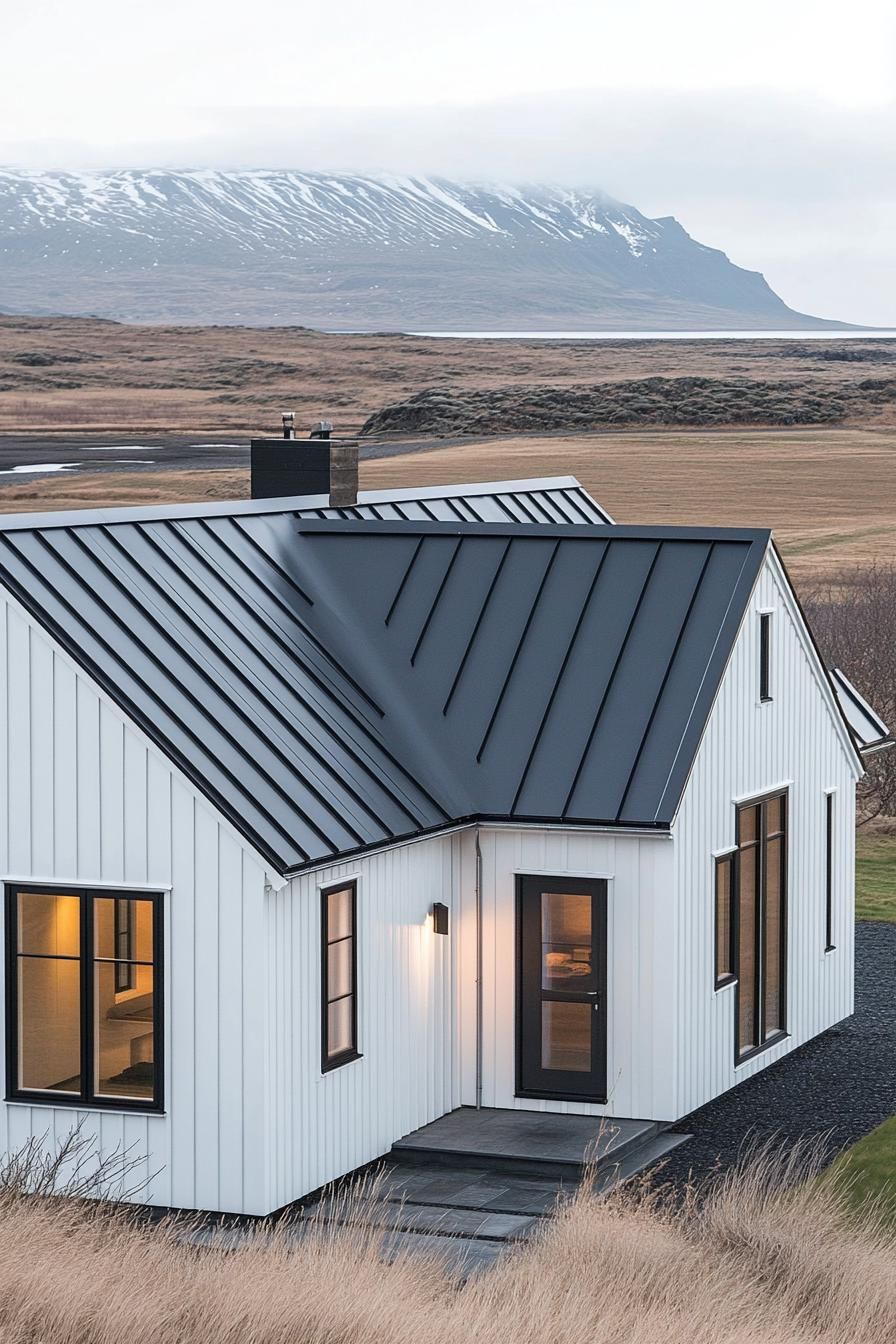 Modern white house with a black roof in a vast open landscape