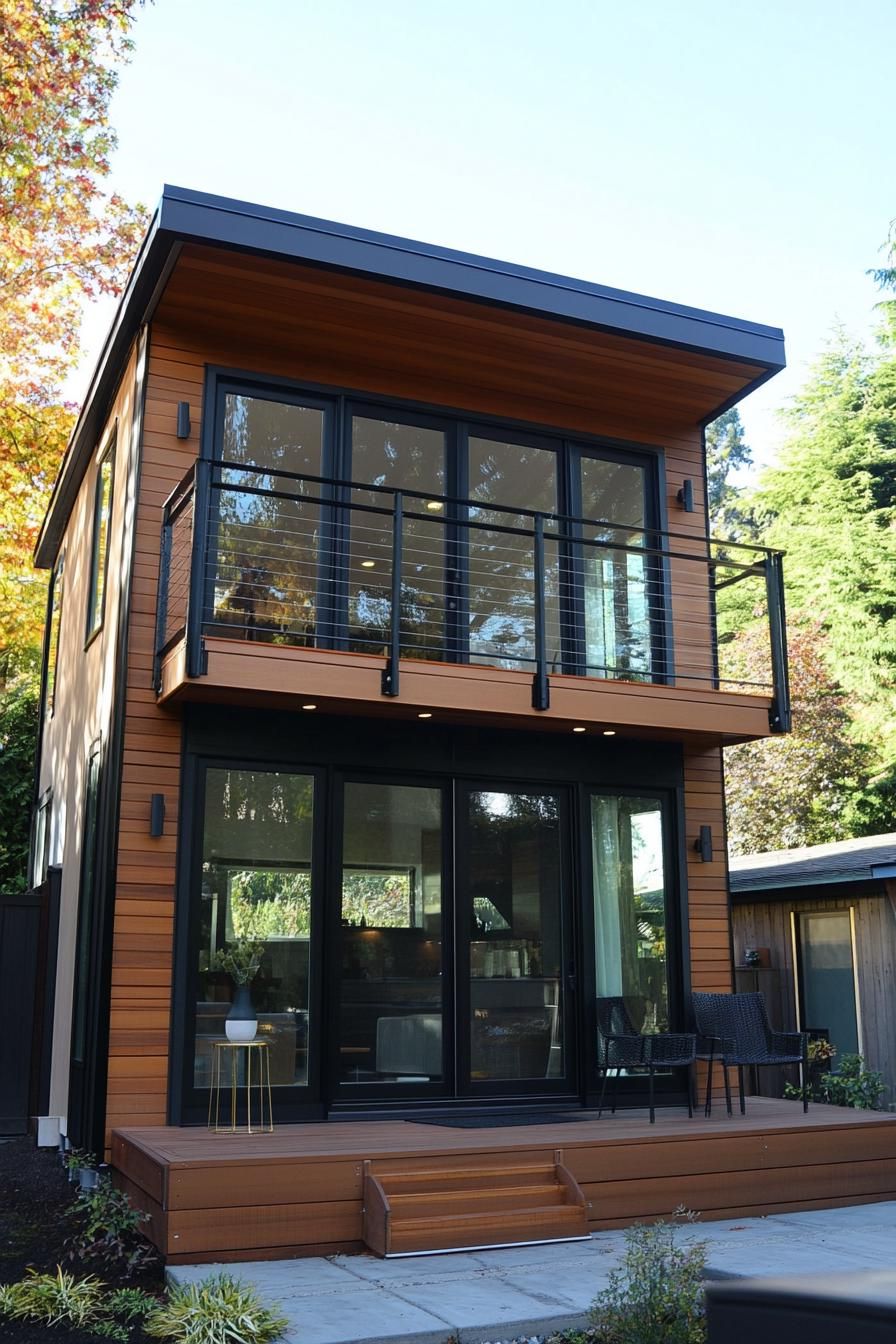 modern luxury tiny square house 2 stories balcony with eaves glass sliding door full wall windows tiny wooden deck