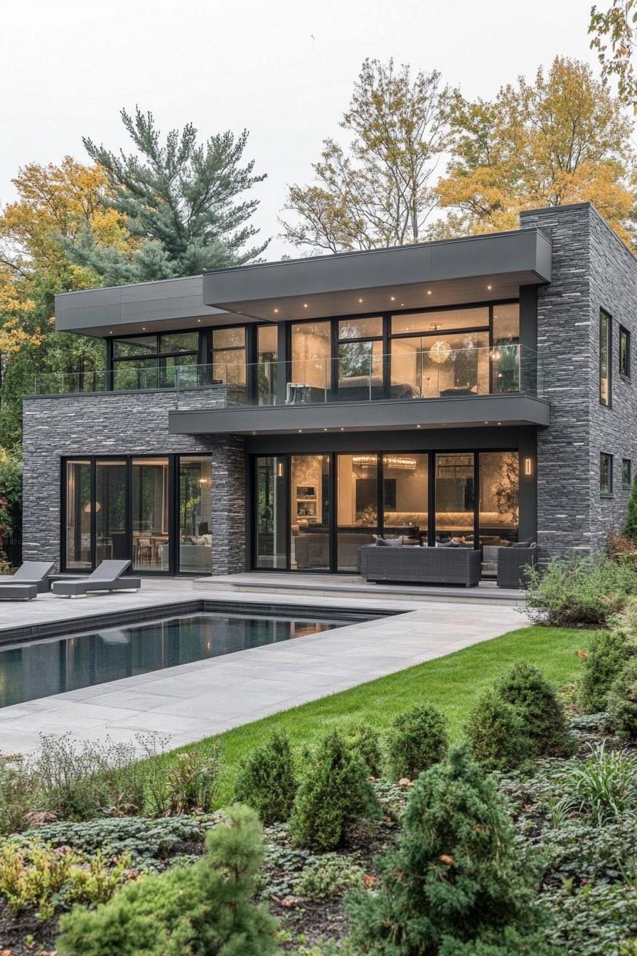 Modern architecture with stone facade and pool