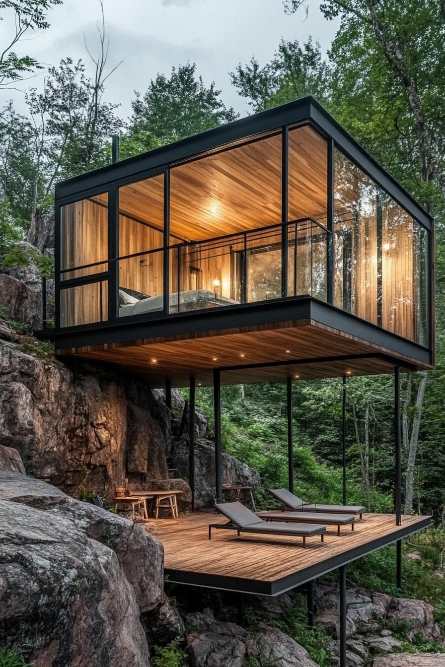 Modern glass and wood house on a rocky hill