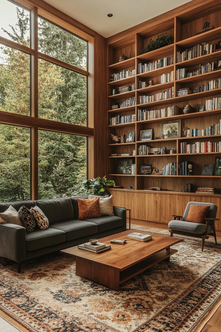 Cozy mid-century living room with a large bookshelf and forest view