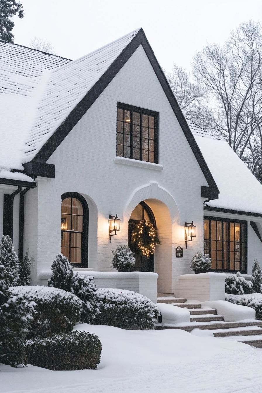 modern cottage with white siding and dark grey tudor style detailing arched porch and entry door with a wreath large windows in white trim snow on 1