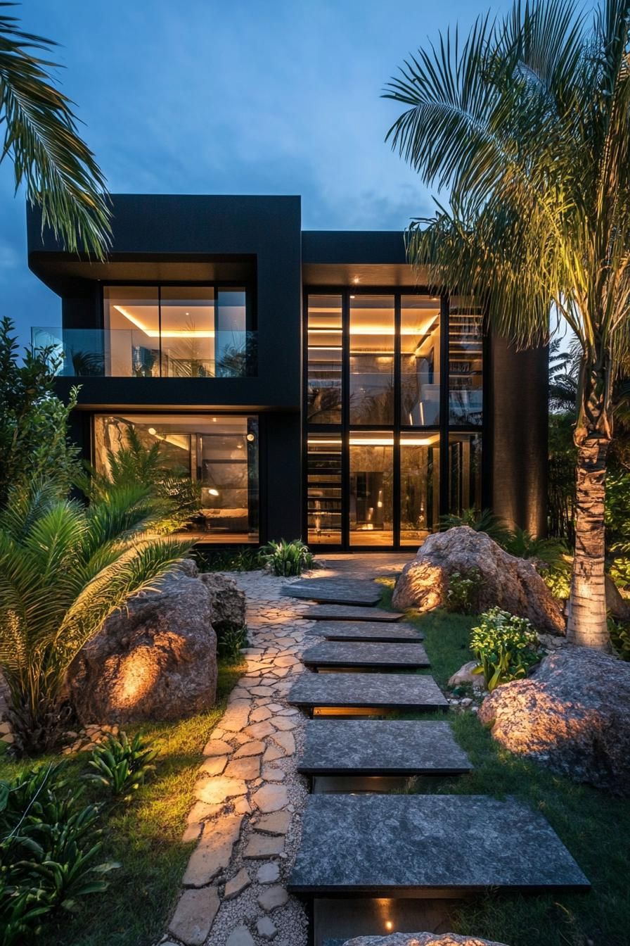 Modern house with glass facade surrounded by lush greenery and stone pathway