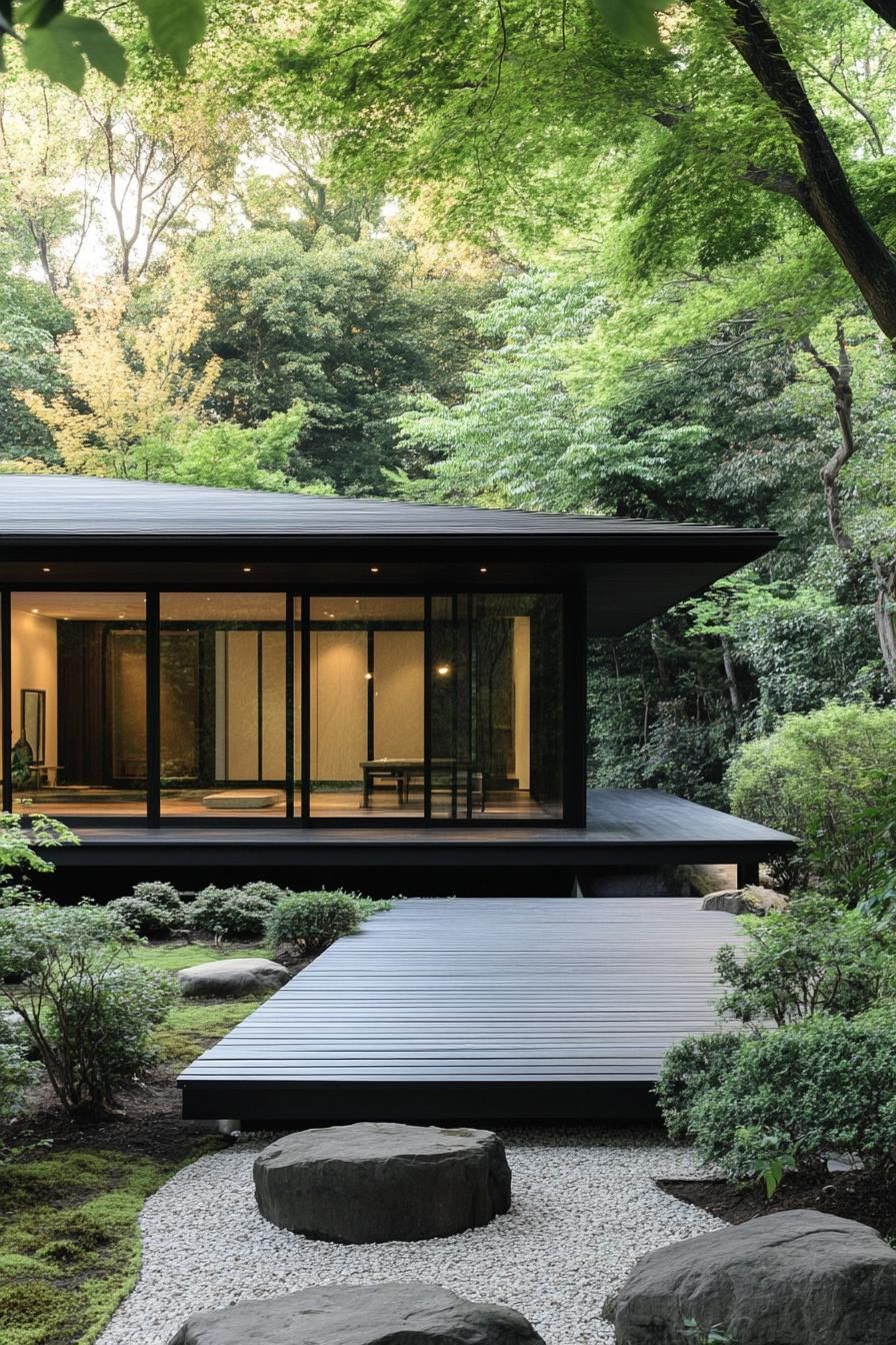 Minimalist house with floor-to-ceiling windows in a lush garden